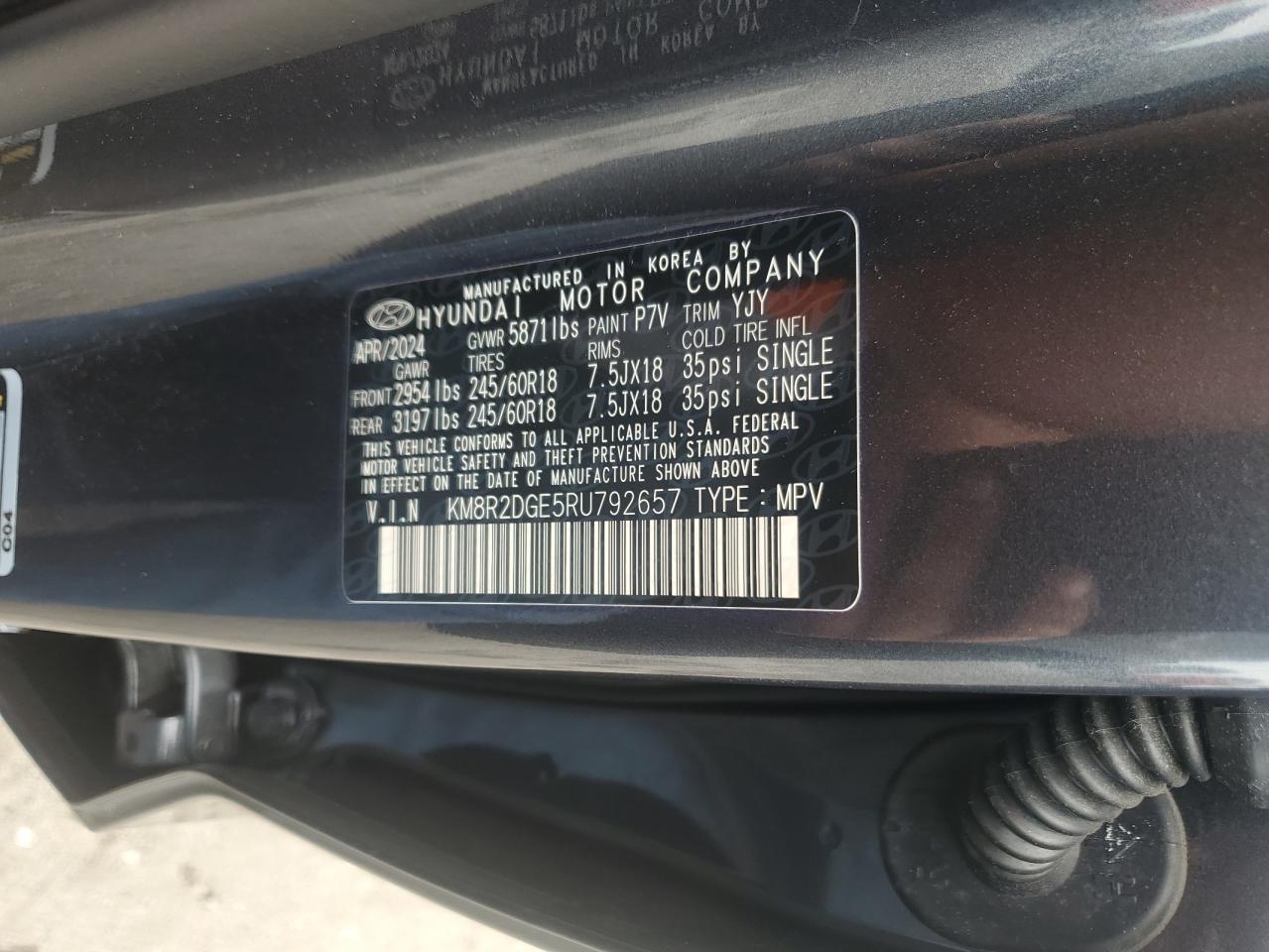 2024 Hyundai Palisade Sel VIN: KM8R2DGE5RU792657 Lot: 64469775