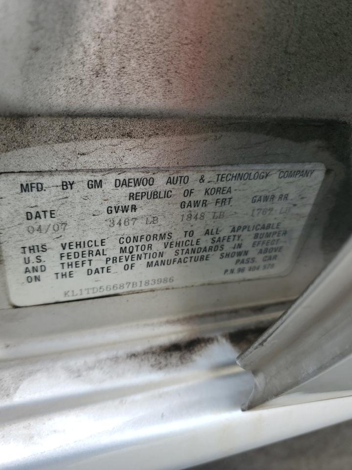 2007 Chevrolet Aveo Base VIN: KL1TD56687B183986 Lot: 63066215