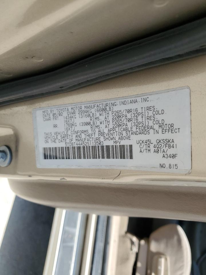 2002 Toyota Sequoia Sr5 VIN: 5TDBT44A52S113503 Lot: 63384085