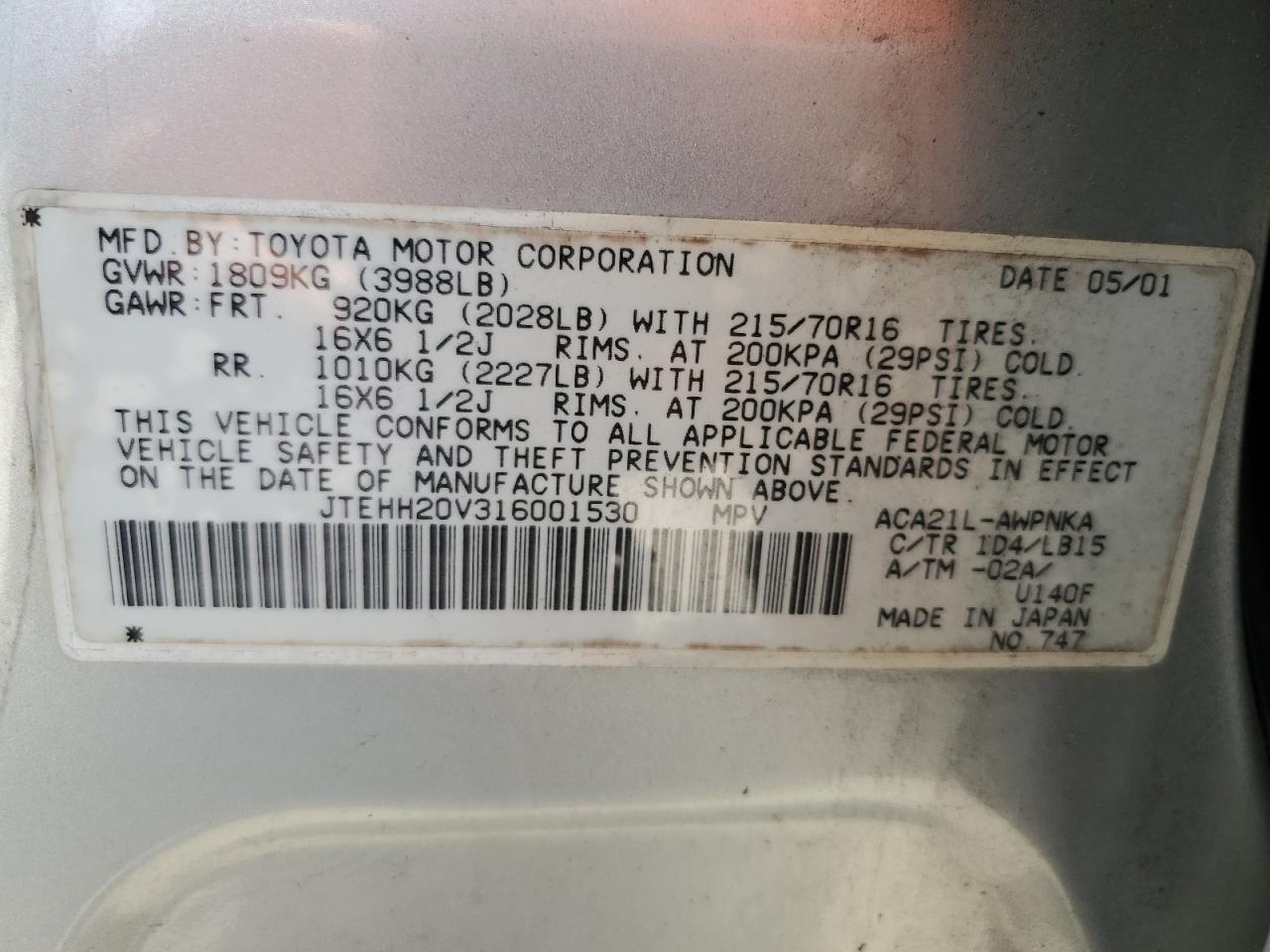 2001 Toyota Rav4 VIN: JTEHH20V316001530 Lot: 65385845