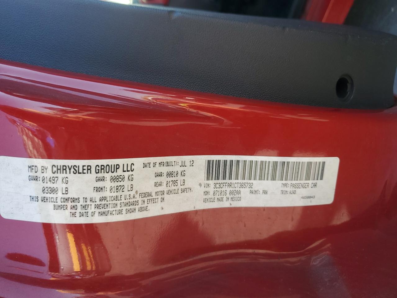 2012 Fiat 500 Pop VIN: 3C3CFFAR1CT365732 Lot: 62780245