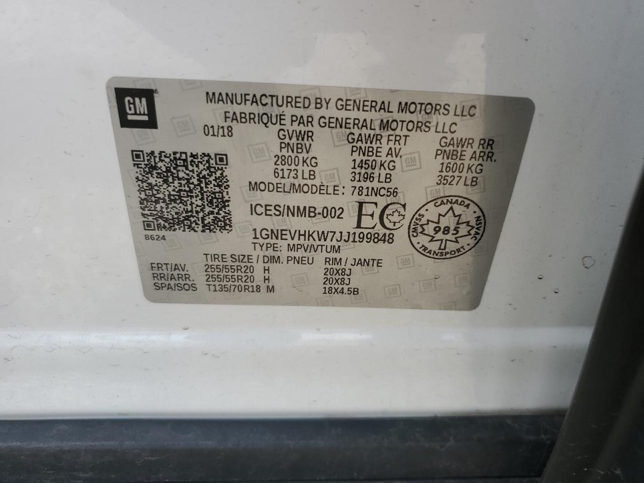 2018 Chevrolet Traverse Lt VIN: 1GNEVHKW7JJ199848 Lot: 63227185