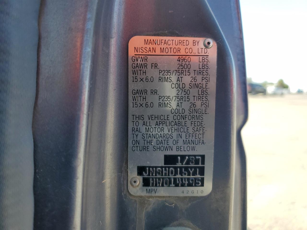 1987 Nissan Pathfinder VIN: JN8HD16Y1HW014495 Lot: 65282655