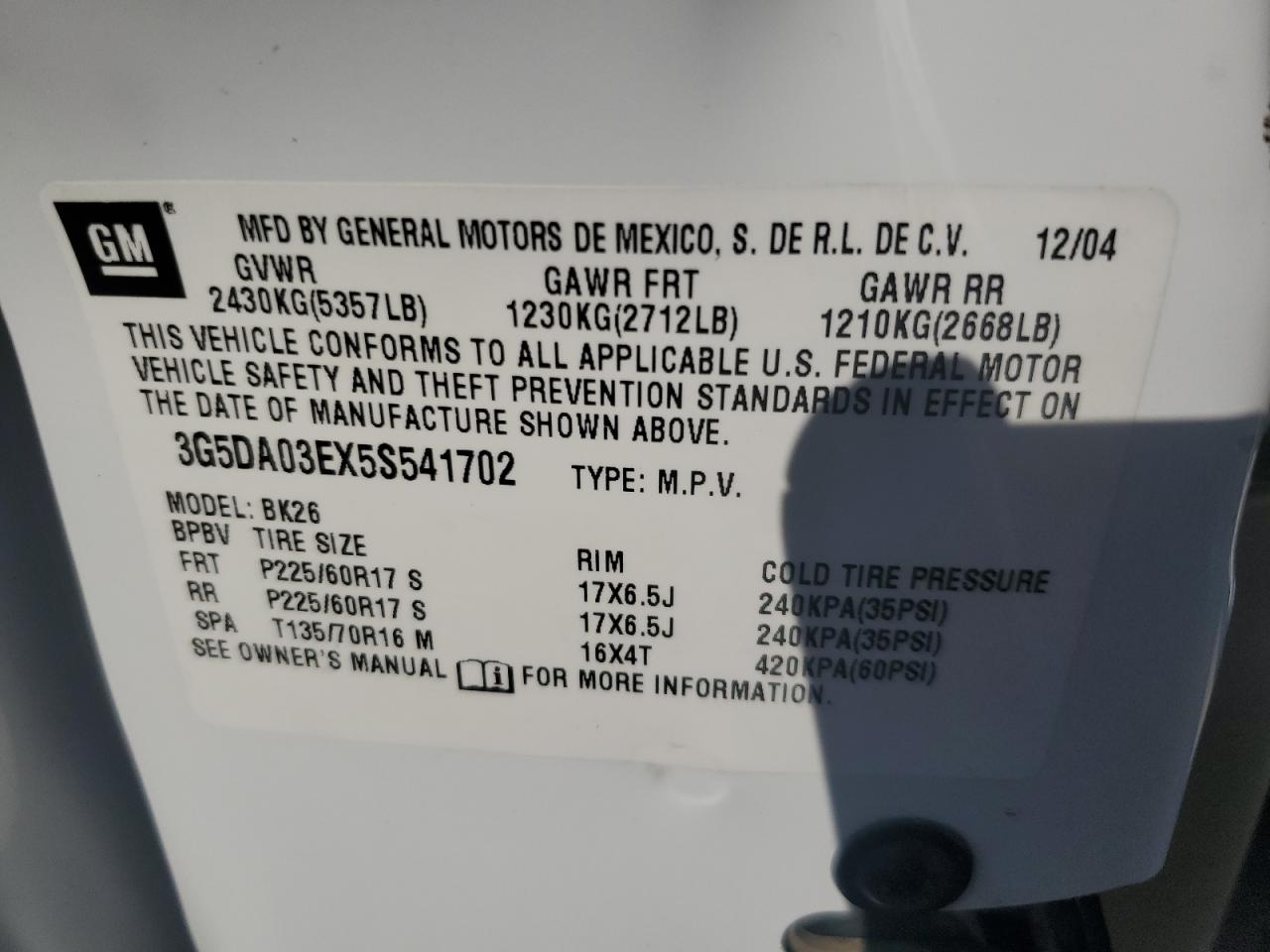2005 Buick Rendezvous Cx VIN: 3G5DA03EX5S541702 Lot: 63225785