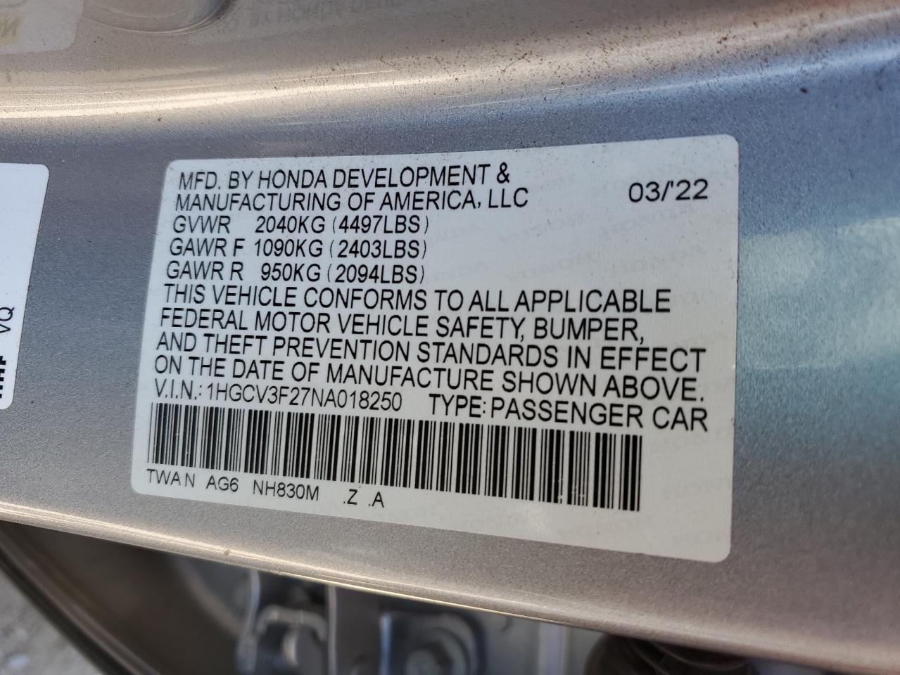 2022 Honda Accord Hybrid Sport VIN: 1HGCV3F27NA018250 Lot: 63257285