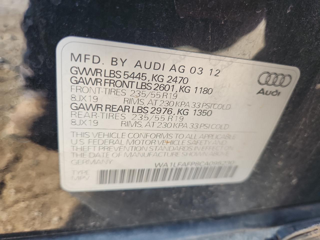 2012 Audi Q5 Premium Plus VIN: WA1LFAFP8CA095230 Lot: 63712875