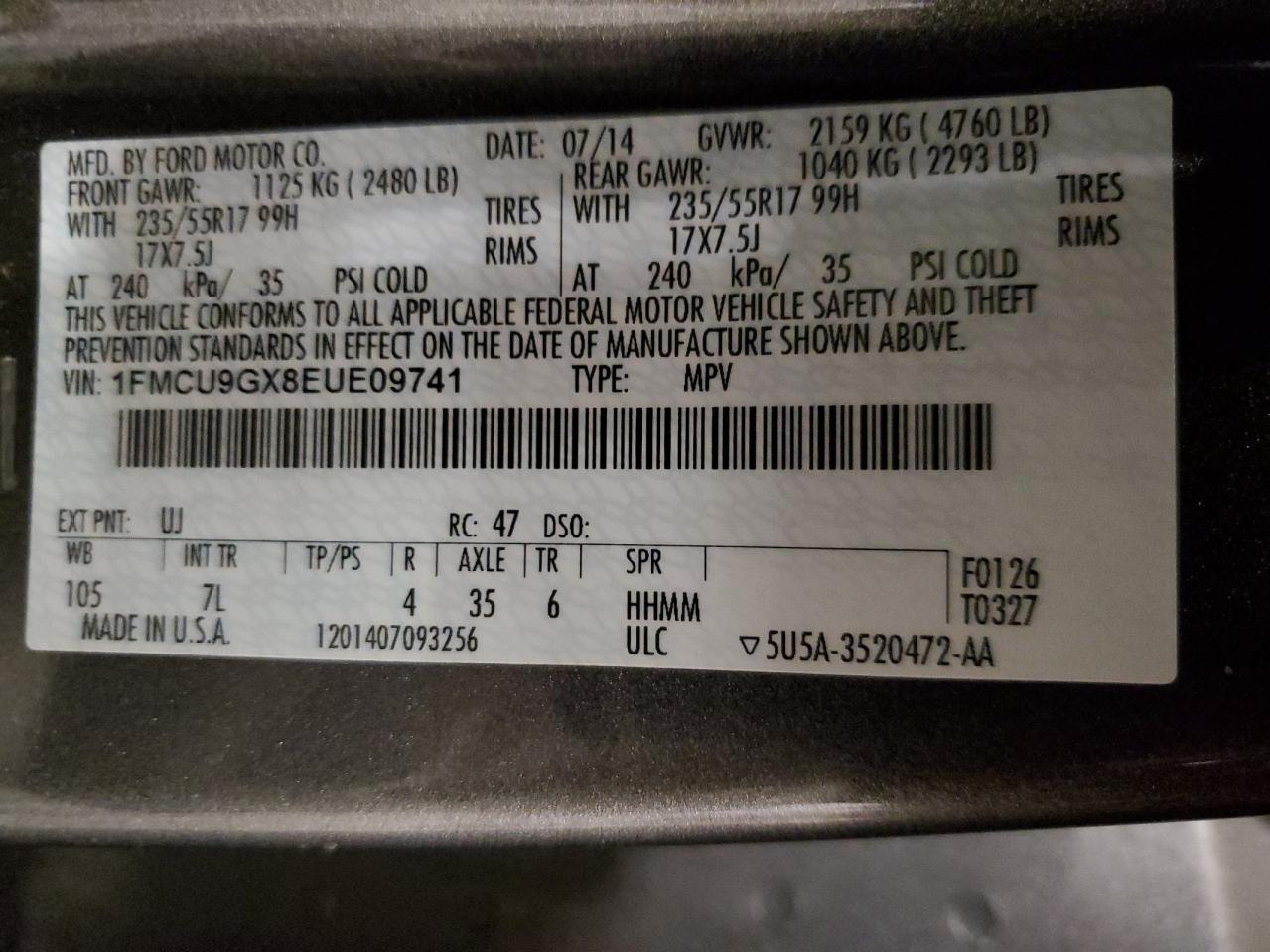 2014 Ford Escape Se VIN: 1FMCU9GX8EUE09741 Lot: 66797395
