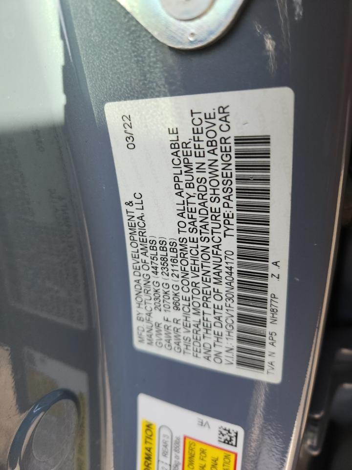 2022 Honda Accord Sport VIN: 1HGCV1F30NA044170 Lot: 65217875