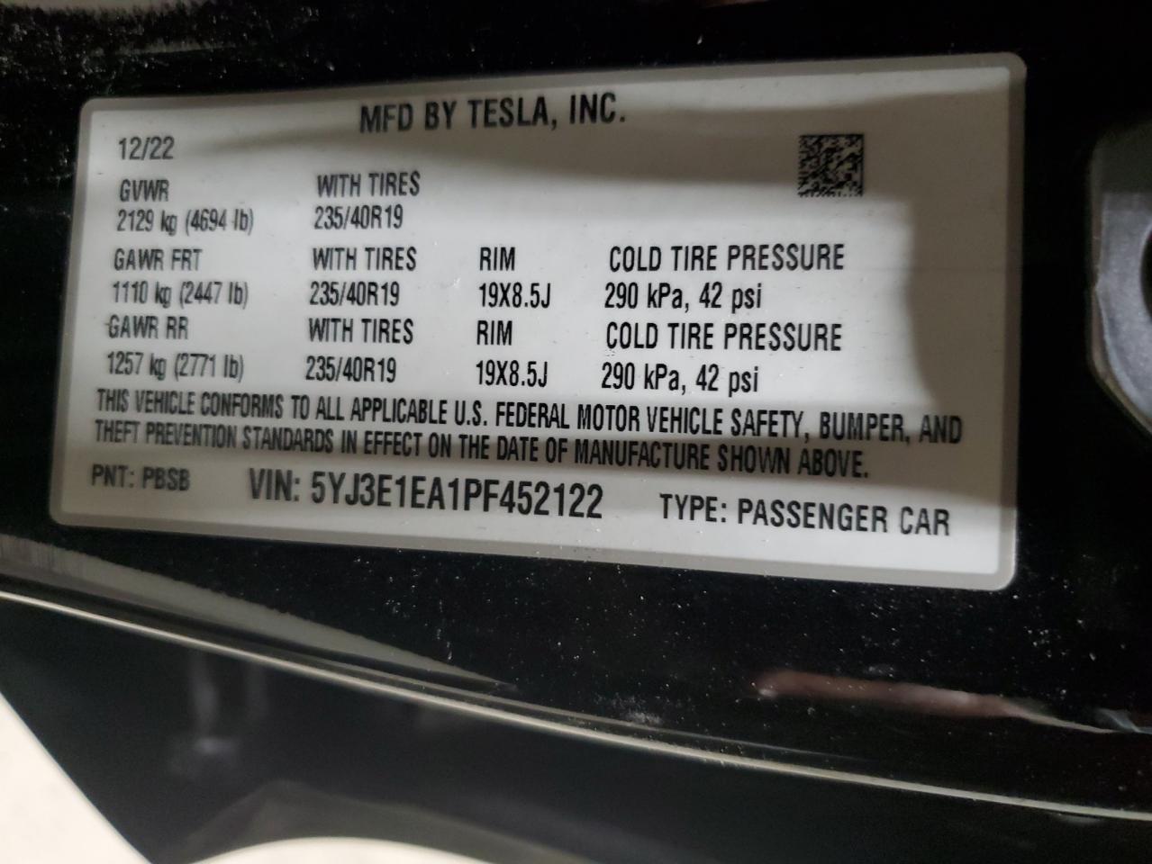 2023 Tesla Model 3 VIN: 5YJ3E1EA1PF452122 Lot: 63576995