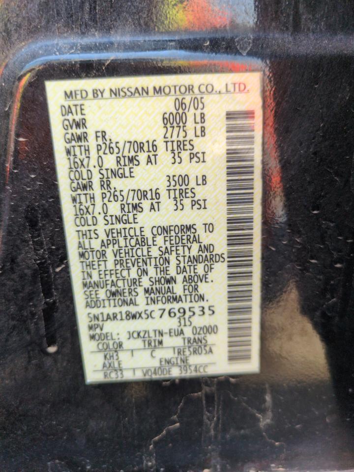 2005 Nissan Pathfinder Le VIN: 5N1AR18WX5C76935 Lot: 64839745