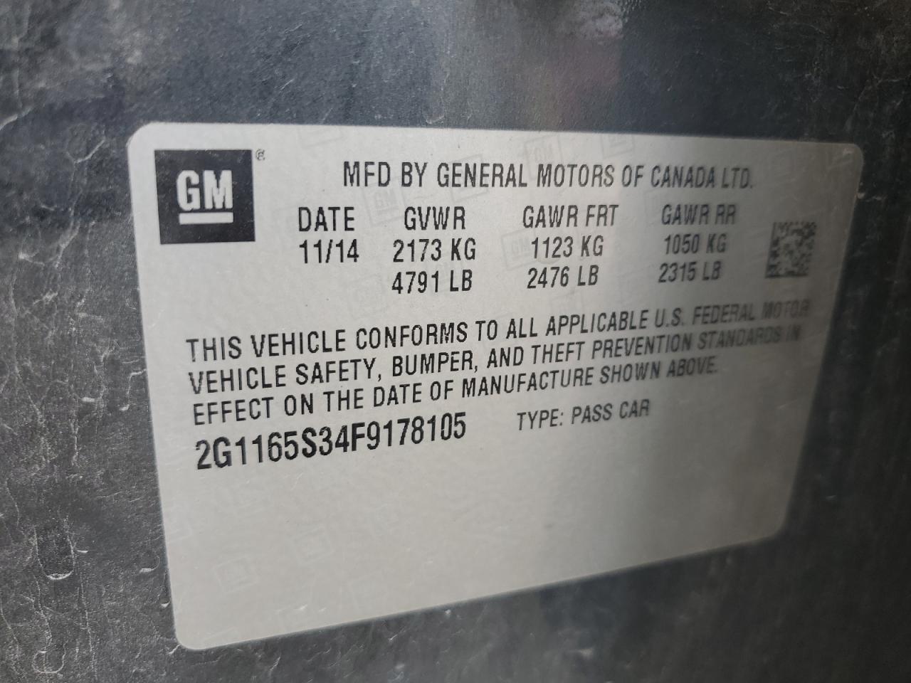 2015 Chevrolet Impala Ltz VIN: 2G1165S34F9178105 Lot: 65179015