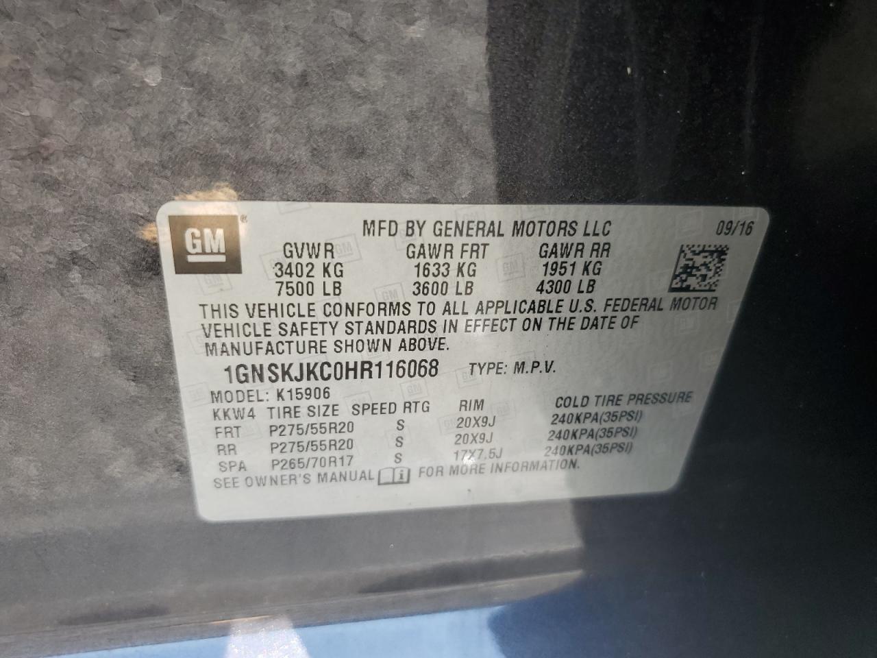 2017 Chevrolet Suburban K1500 Premier VIN: 1GNSKJKC0HR116068 Lot: 65943055