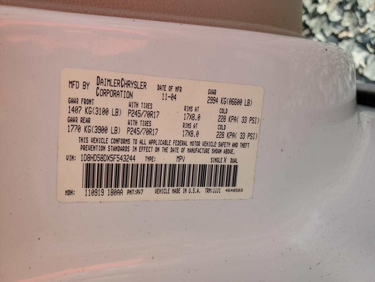 2005 Dodge Durango Limited VIN: 1D8HD58DX5F543244 Lot: 63916115