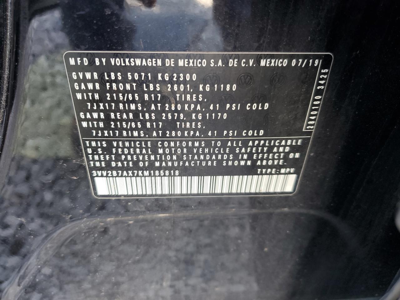 2019 Volkswagen Tiguan Se VIN: 3VV2B7AX7KM185818 Lot: 63494085