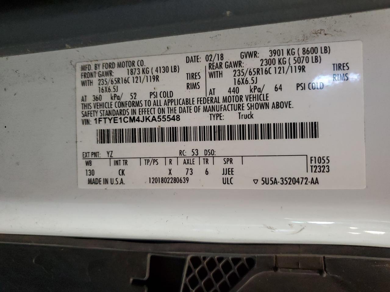 2018 Ford Transit T-150 VIN: 1FTYE1CM4JKA55548 Lot: 62880855