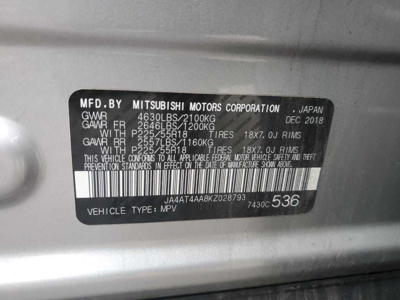 2019 Mitsubishi Eclipse Cross Le VIN: JA4AT4AA8KZ028793 Lot: 64114485
