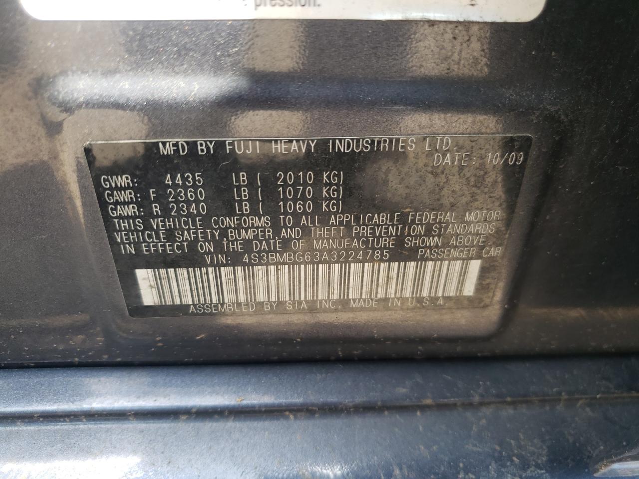 2010 Subaru Legacy 2.5I Premium VIN: 4S3BMBG63A3224785 Lot: 62391605