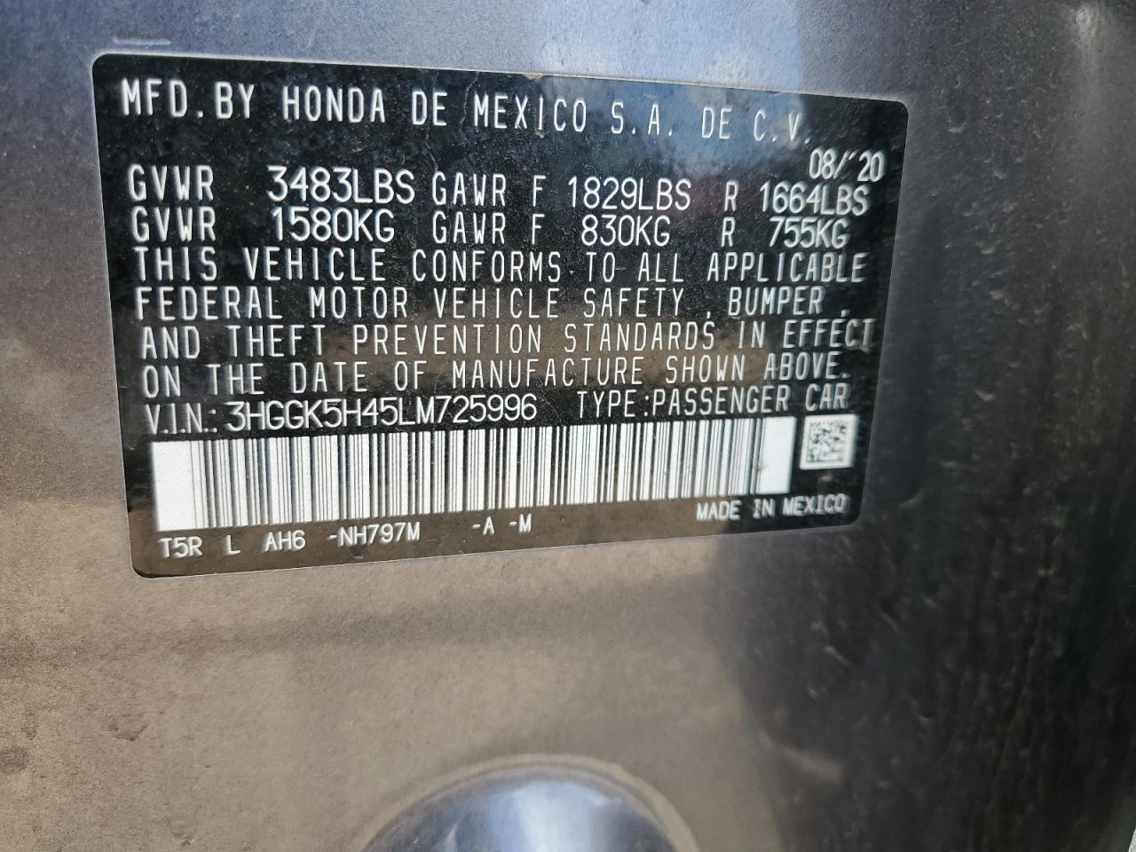 2020 Honda Fit Lx VIN: 3HGGK5H45LM725996 Lot: 65141725