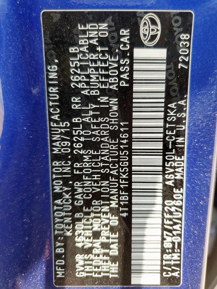 2016 Toyota Camry Le VIN: 4T1BF1FK5GU514611 Lot: 65753005