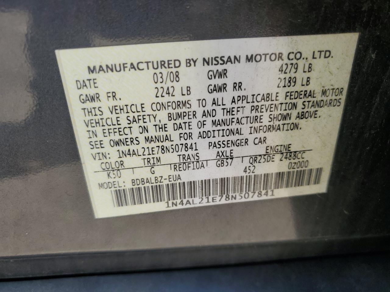 2008 Nissan Altima 2.5 VIN: 1N4AL21E78N507841 Lot: 64073445