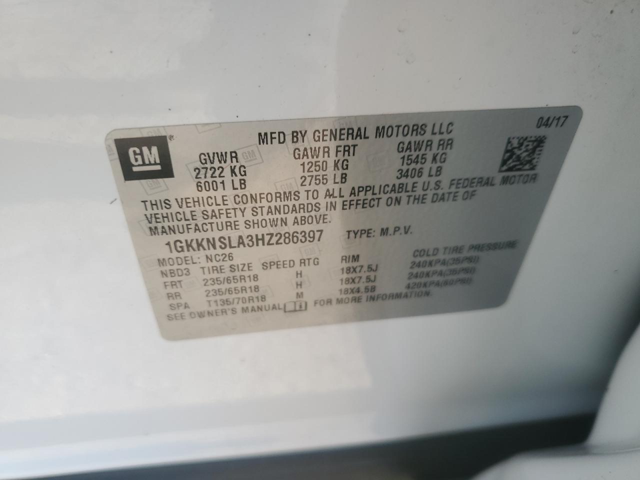 2017 GMC Acadia Sle VIN: 1GKKNSLA3HZ286397 Lot: 64717235