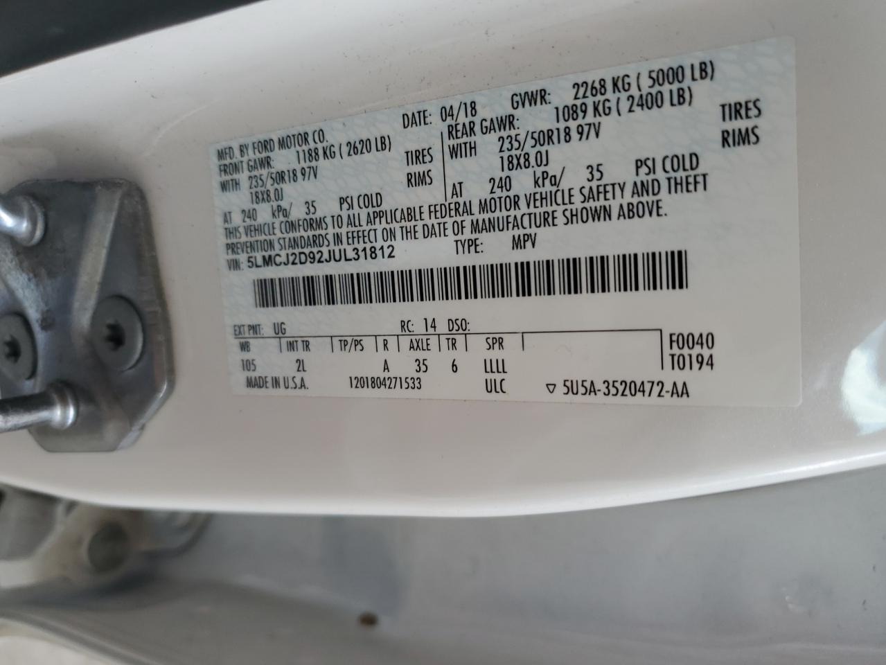 2018 Lincoln Mkc Select VIN: 5LMCJ2D92JUL31812 Lot: 65985565