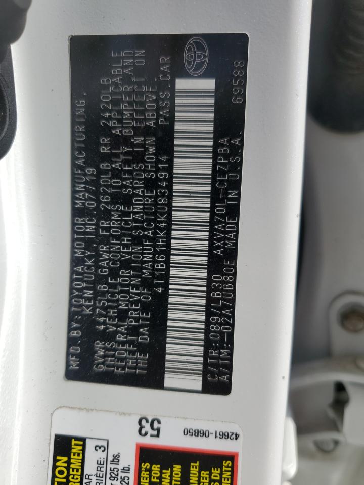 2019 Toyota Camry Xse VIN: 4T1B61HK4KU834914 Lot: 64294705