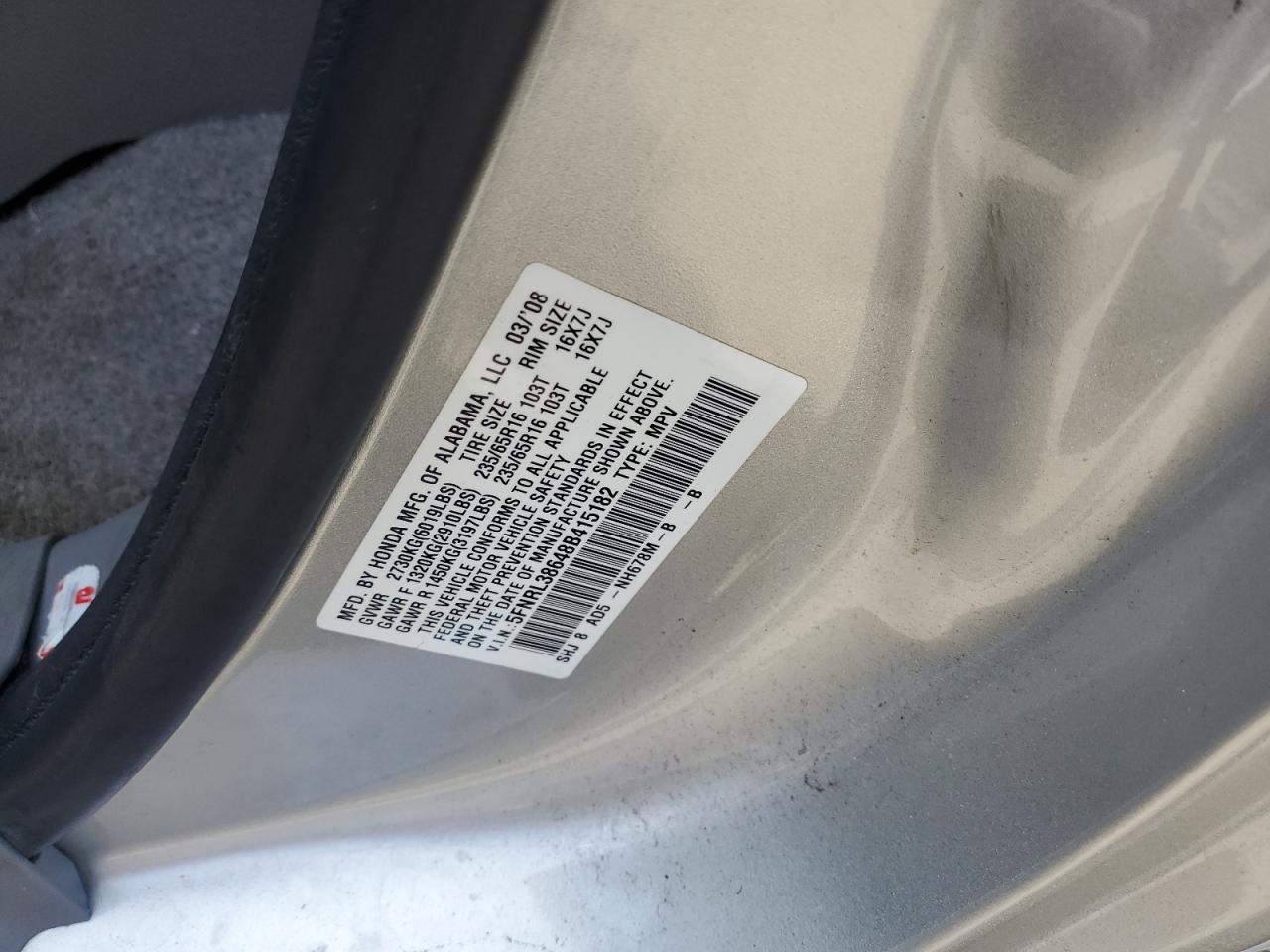 2008 Honda Odyssey Exl VIN: 5FNRL38648B415182 Lot: 65227665