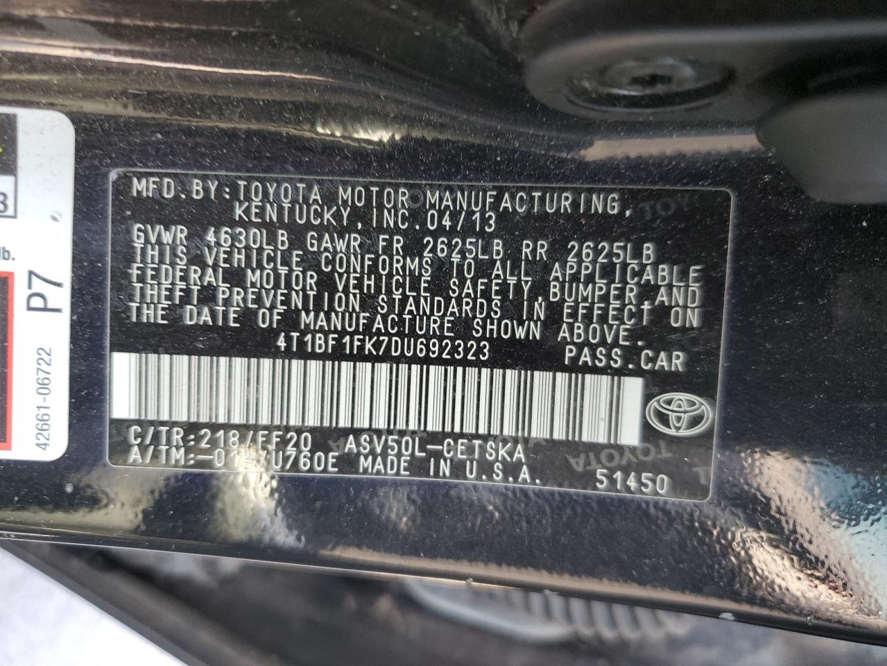 2013 Toyota Camry L VIN: 4T1BF1FK7DU692323 Lot: 65156425