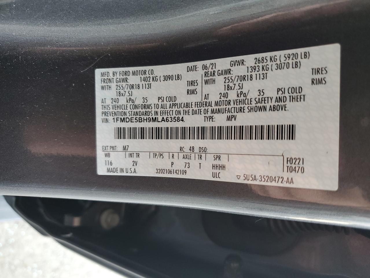 2021 Ford Bronco Base VIN: 1FMDE5BH9MLA63584 Lot: 64352265
