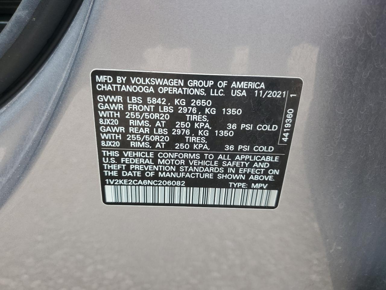 1v2ke2ca6nc206082 1V2KE2CA6NC206082 2022 Volkswagen Atlas Cross Sport Se