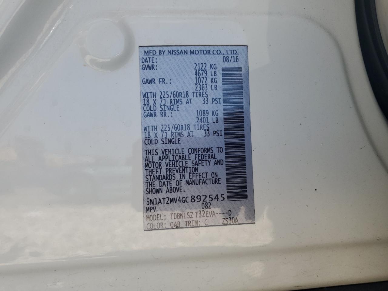 2016 Nissan Rogue S VIN: 5N1AT2MV4GC892545 Lot: 64880755