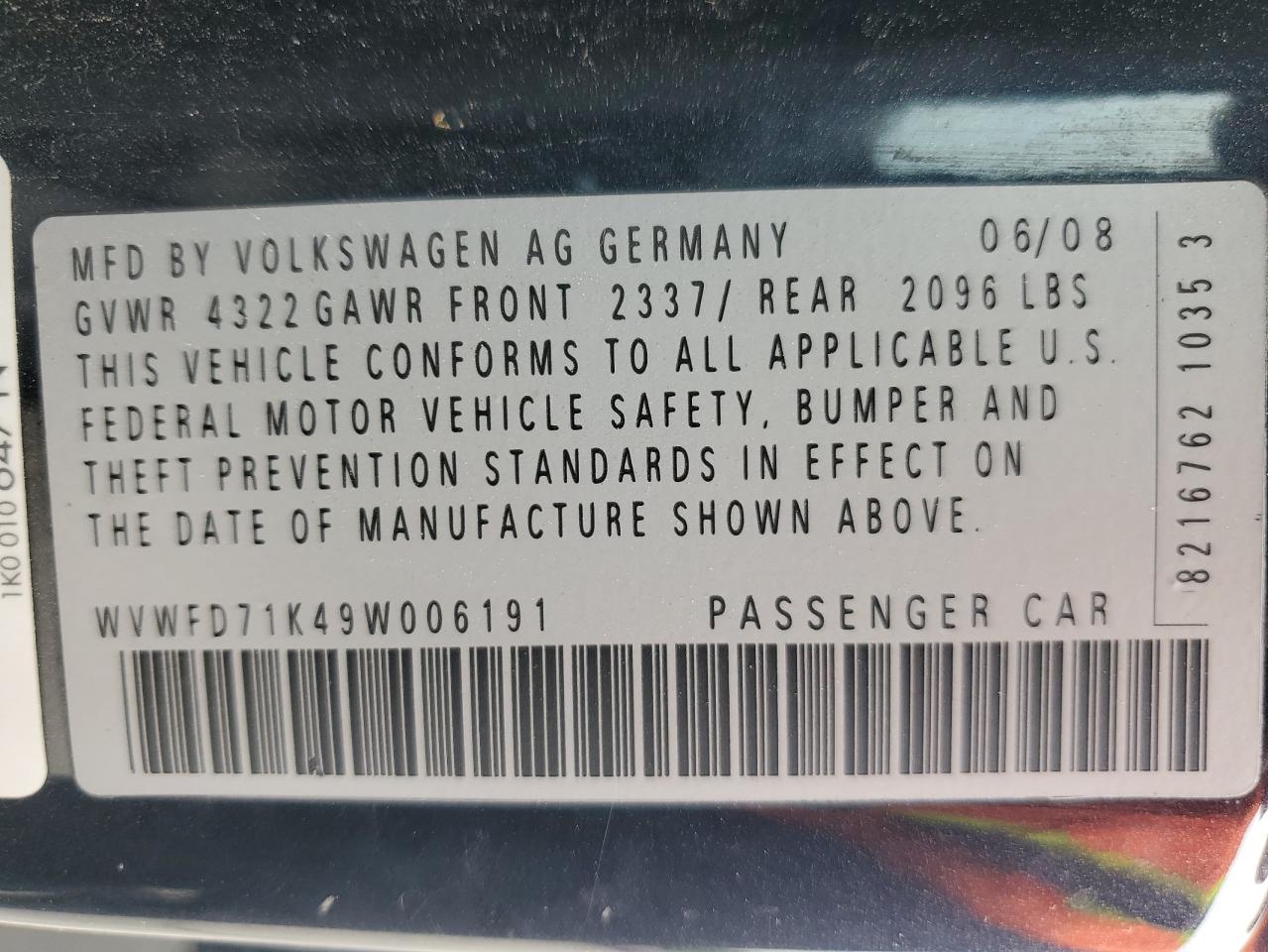 2009 Volkswagen Gti VIN: WVWFD71K49W006191 Lot: 65186515