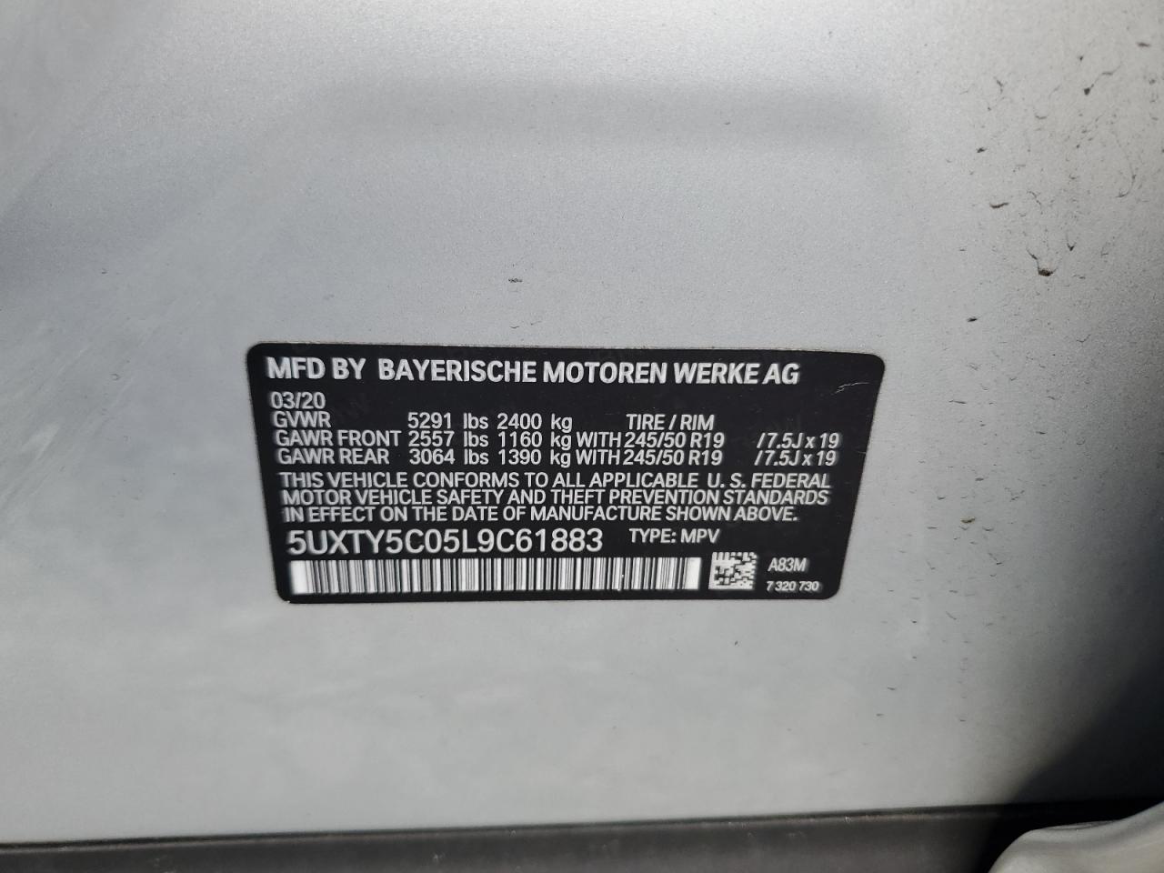 2020 BMW X3 xDrive30I VIN: 5UXTY5C05L9C61883 Lot: 63504025