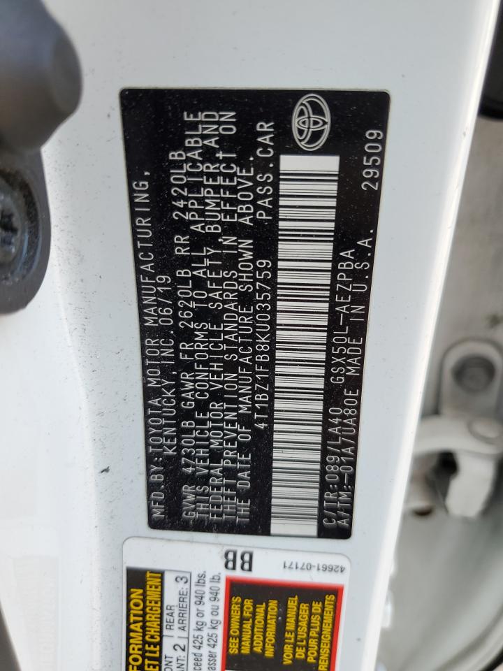 2019 Toyota Avalon Xle VIN: 4T1BZ1FB8KU035759 Lot: 64563255