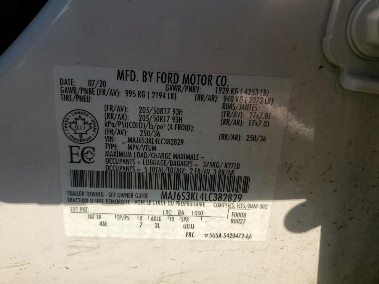 2020 Ford Ecosport Titanium VIN: MAJ6S3KL4LC382829 Lot: 66366745