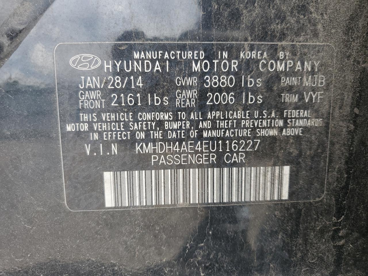 2014 Hyundai Elantra Se VIN: KMHDH4AE4EU116227 Lot: 63029505