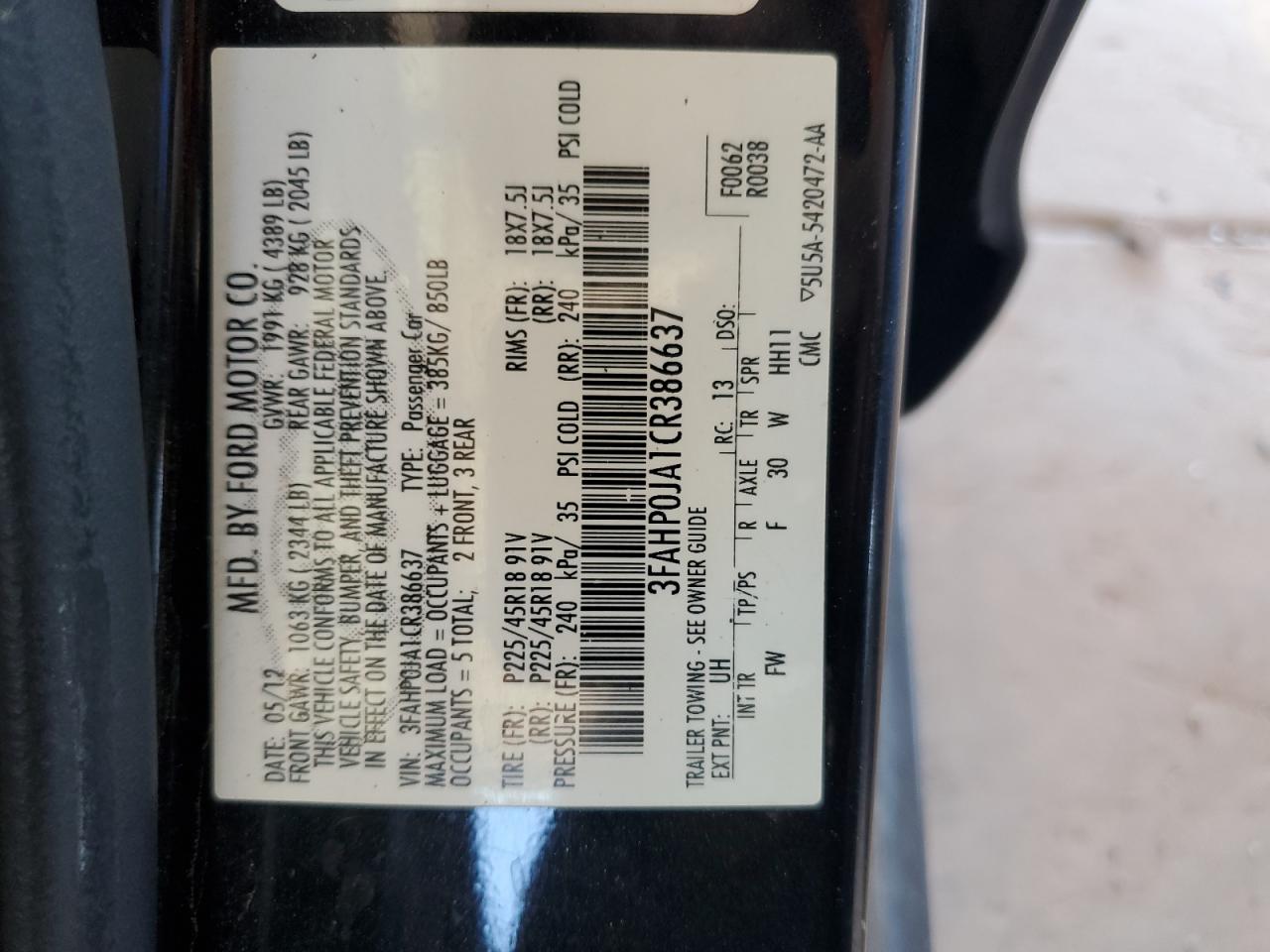 2012 Ford Fusion Sel VIN: 3FAHP0JA1CR386637 Lot: 66891875