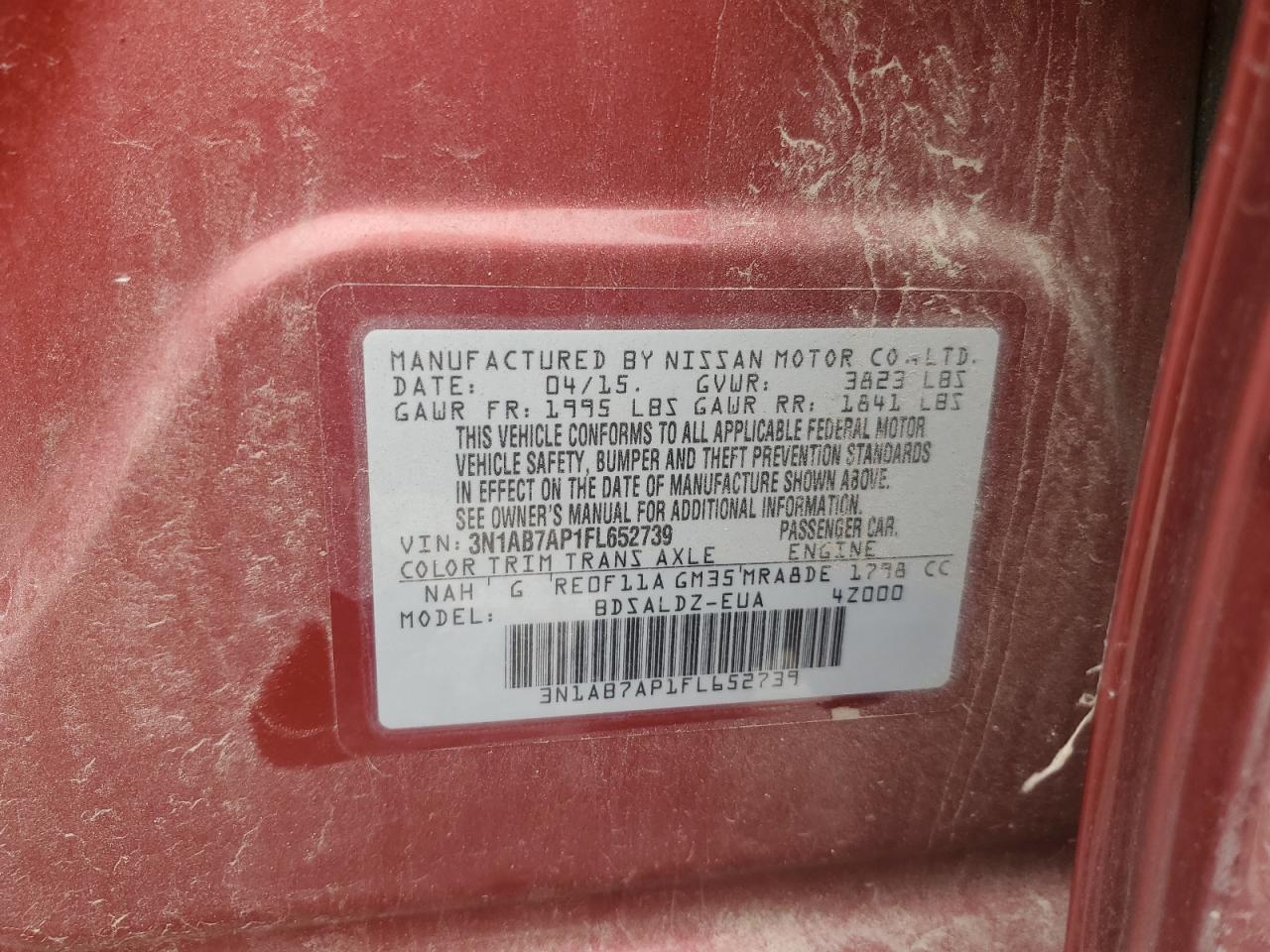 2015 Nissan Sentra S VIN: 3N1AB7AP1FL652739 Lot: 63754785