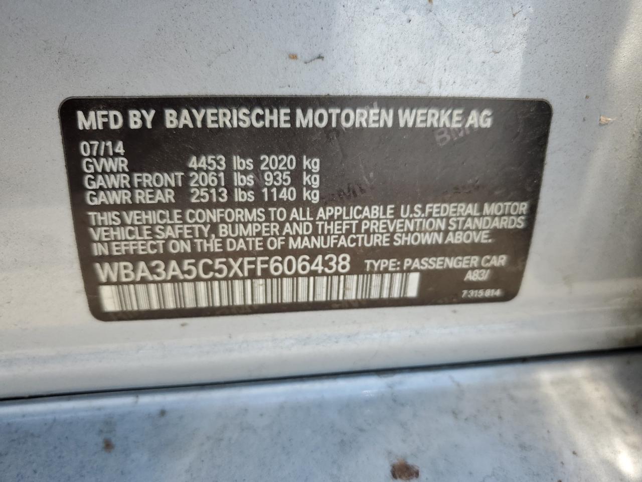 2015 BMW 328 I VIN: WBA3A5C5XFF606438 Lot: 65180135