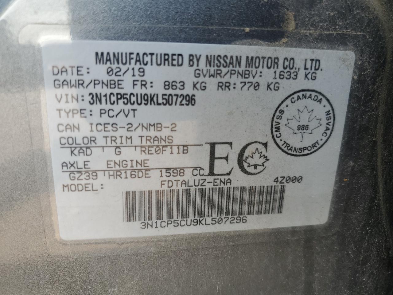 2019 Nissan Kicks S VIN: 3N1CP5CU9KL507296 Lot: 64455695
