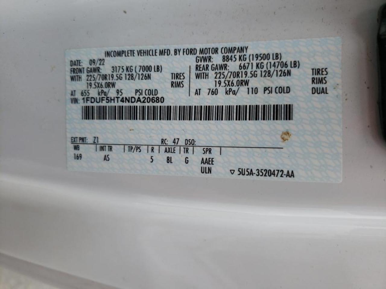 2022 Ford F550 Super Duty VIN: 1FDUF5HT4NDA20680 Lot: 59084865