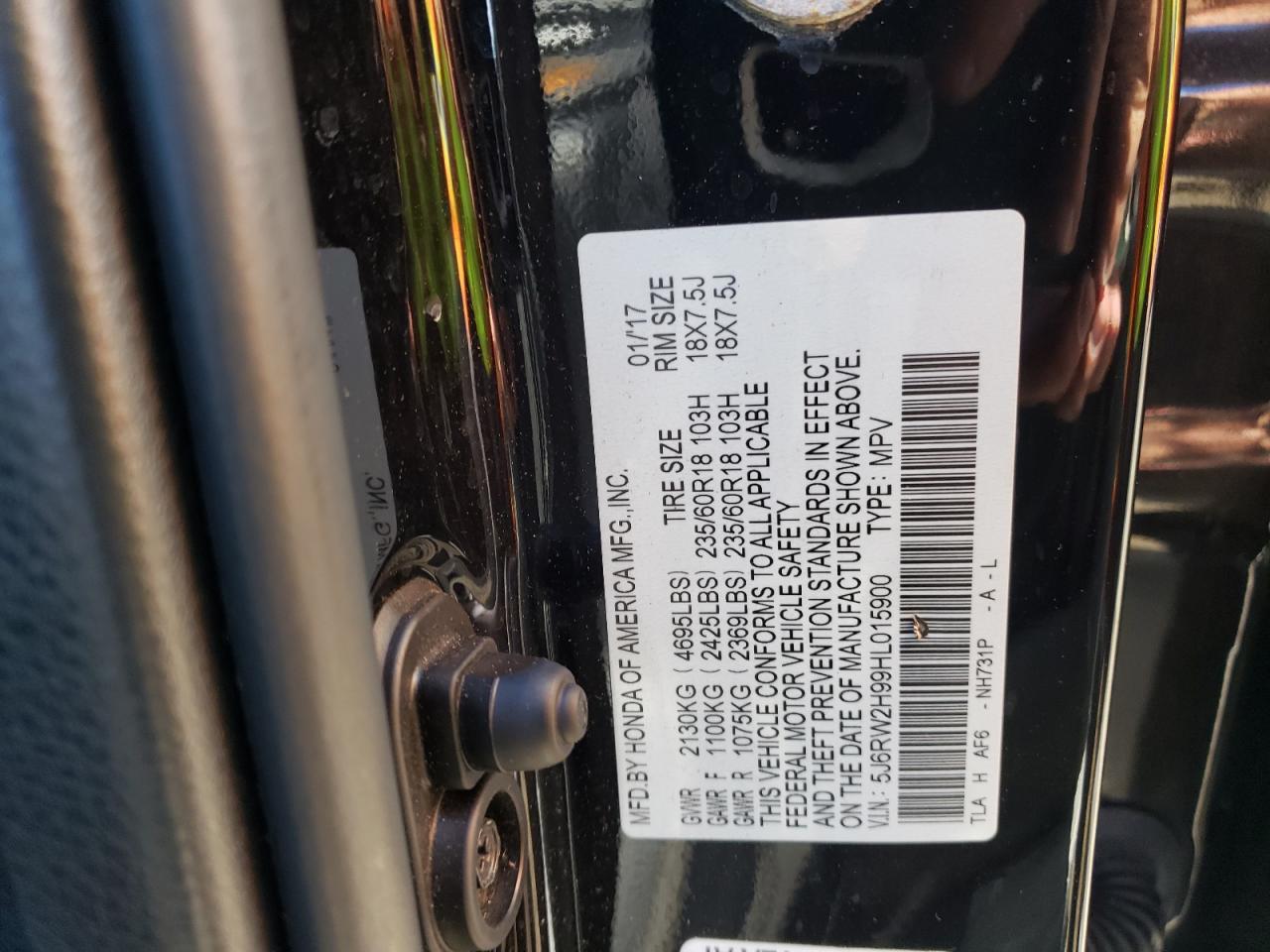 2017 Honda Cr-V Touring VIN: 5J6RW2H99HL015900 Lot: 64662835