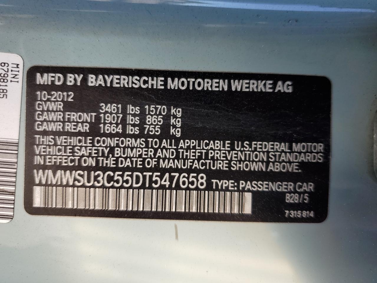 WMWSU3C55DT547658 2013 Mini Cooper