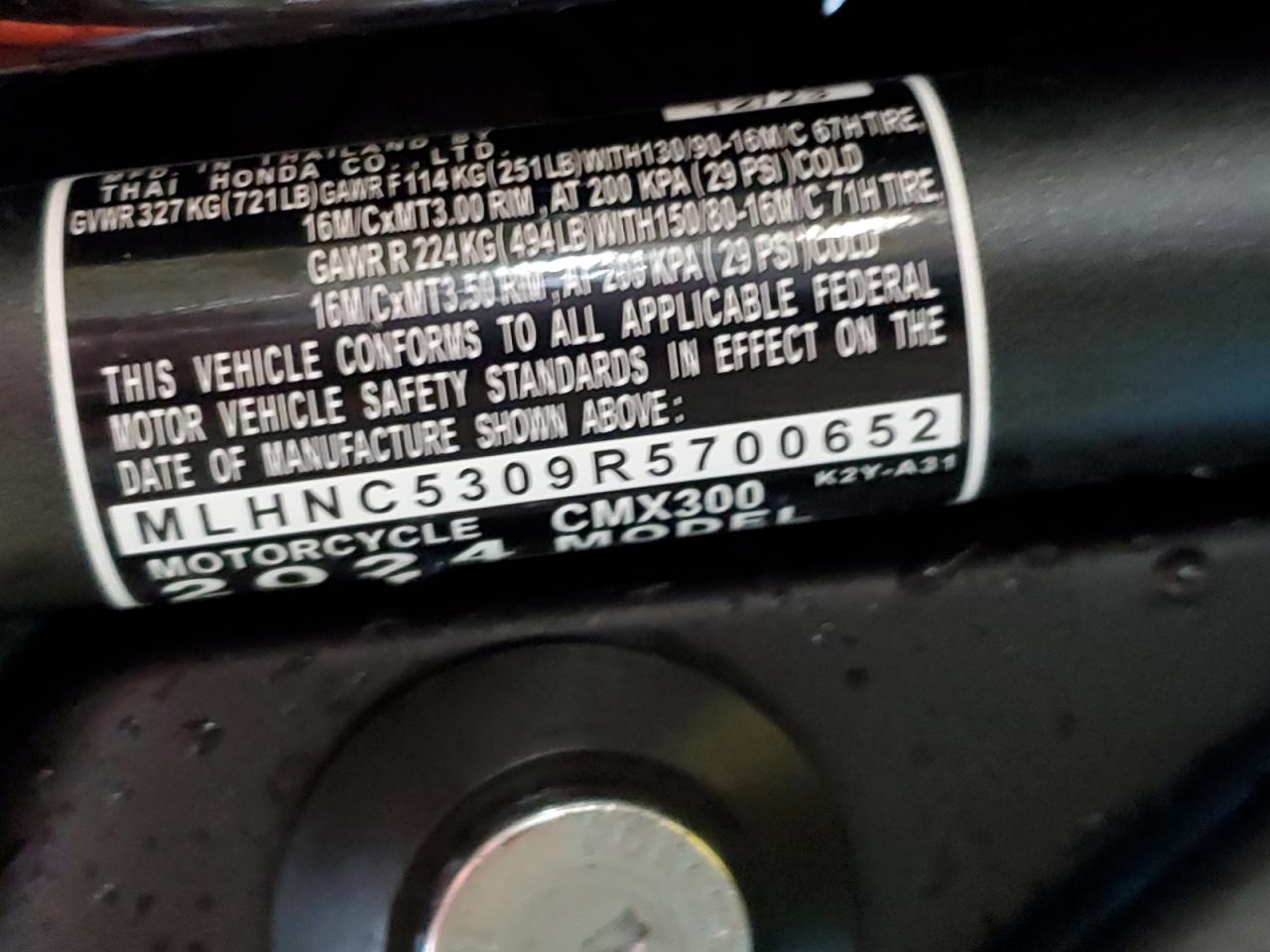 2024 Honda Cmx300 VIN: MLHNC5309R5700652 Lot: 65135865
