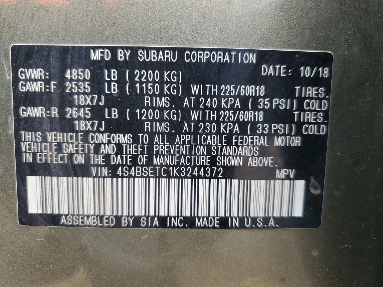 2019 Subaru Outback Touring VIN: 4S4BSETC1K3244372 Lot: 64459985