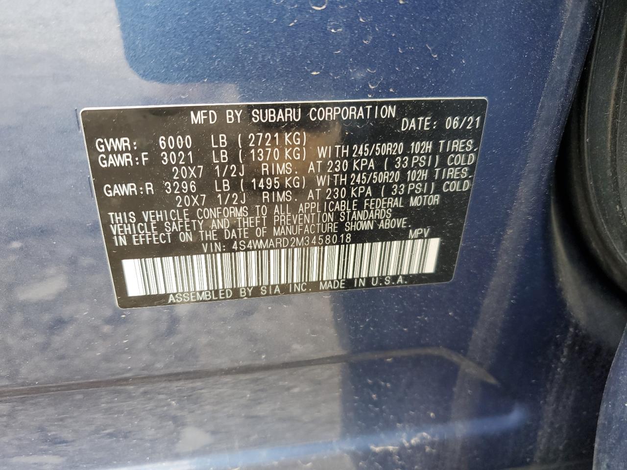 2021 Subaru Ascent Touring VIN: 4S4WMARD2M3458018 Lot: 62706175