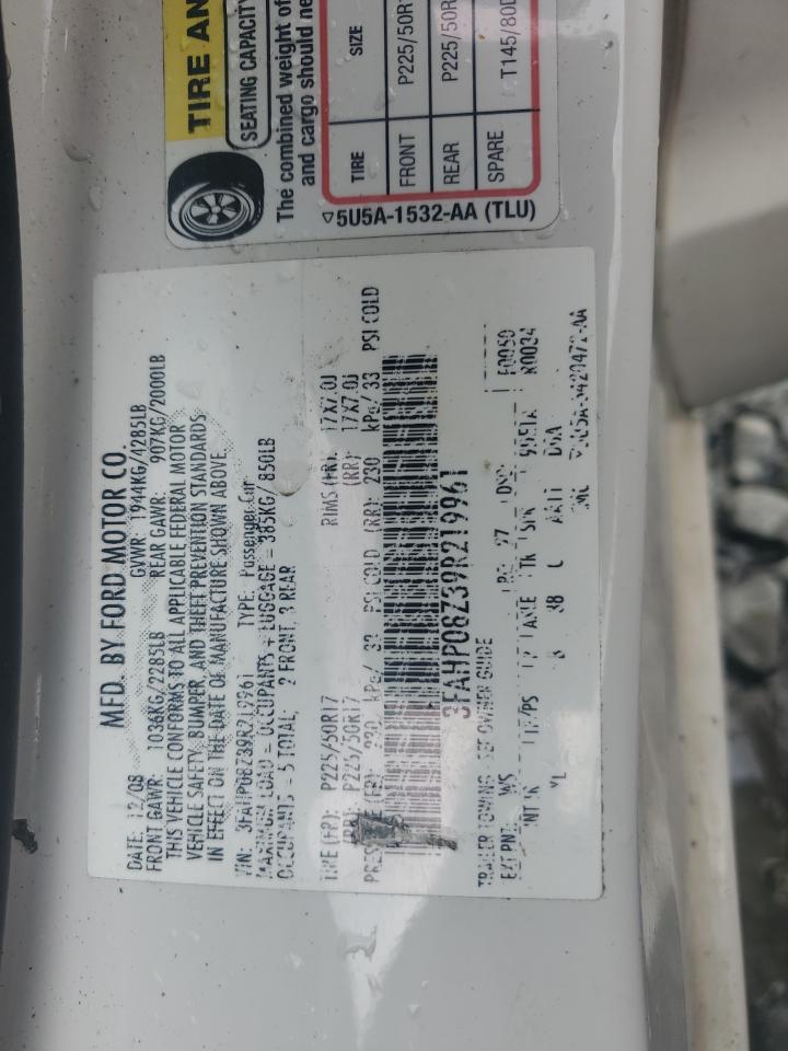 2009 Ford Fusion Sel VIN: 3FAHP08Z39R219961 Lot: 62999565