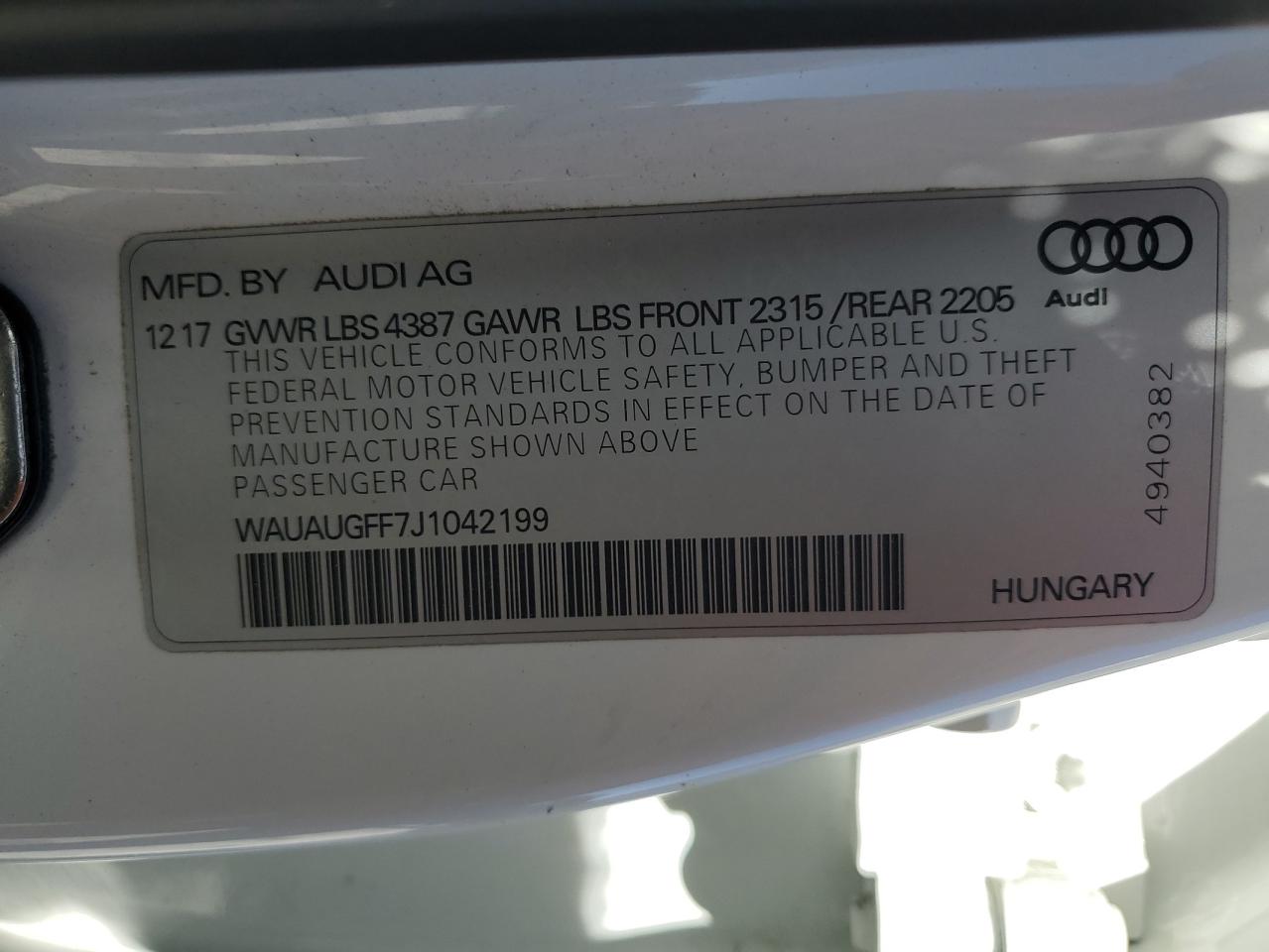 2018 Audi A3 Premium VIN: WAUAUGFF7J1042199 Lot: 64393125