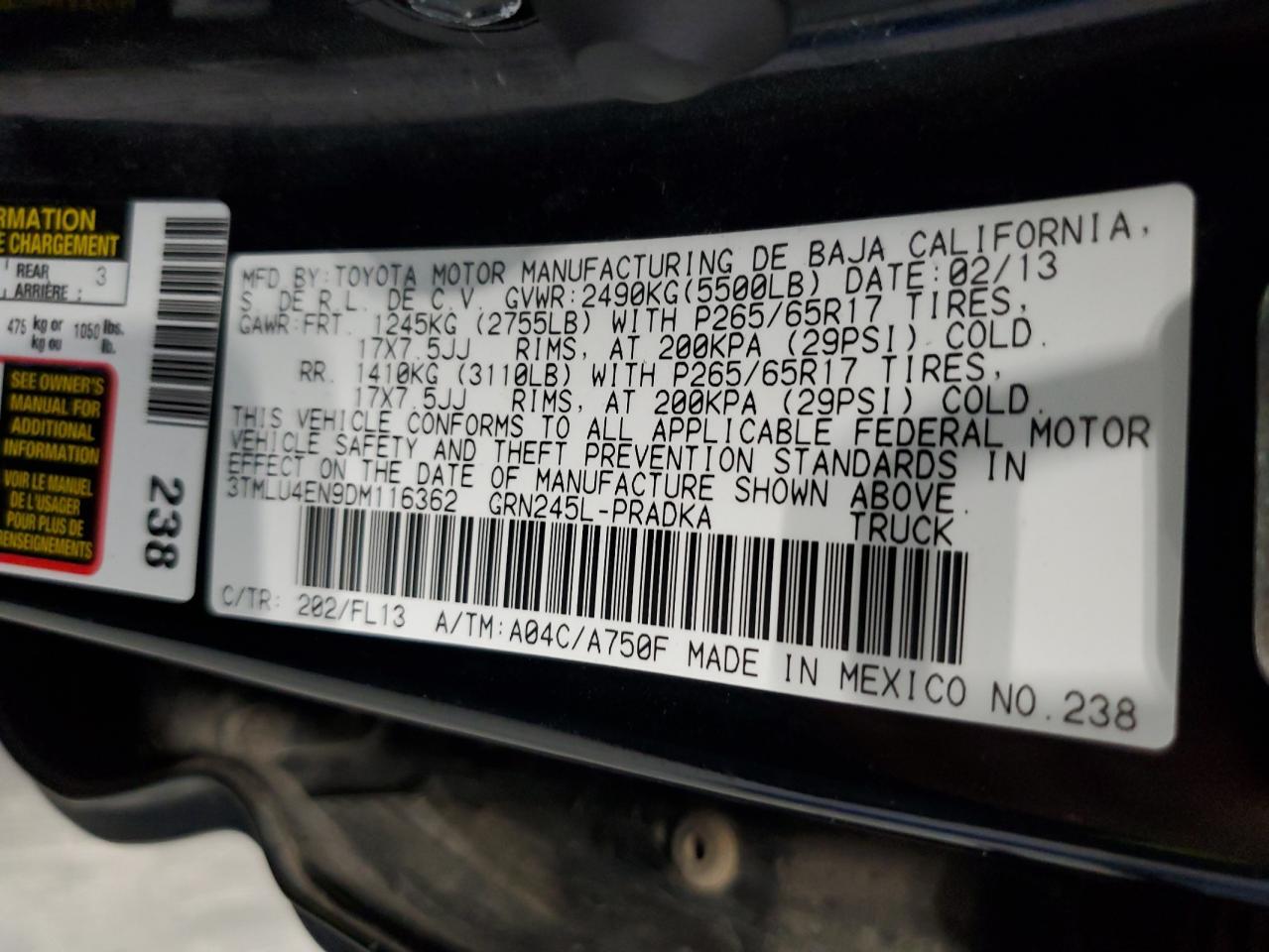 2013 Toyota Tacoma Double Cab VIN: 3TMLU4EN9DM116362 Lot: 63972205